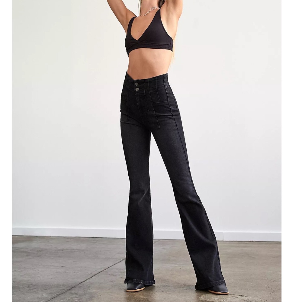 Free People We The Free Jayde Flare Jeans Onyx Black High Rise Seamed - 29